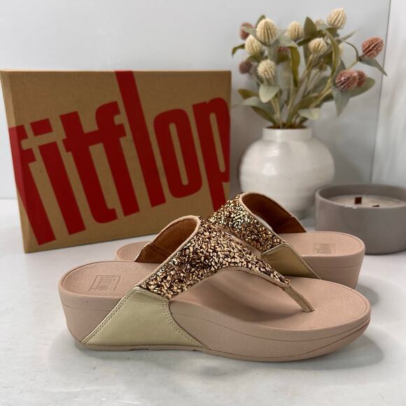 Fitflop Lulu Shimmerfoil Platform Toe-Thongs Sandal Gold Women 5 NWB - Picture 7 of 11